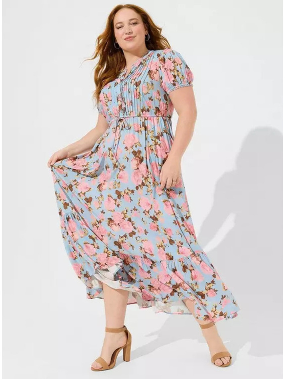 Torrid Floral Pintuck Maxi Dress Light Blue Pink Rose Puff Sleeve Tiered Size 0